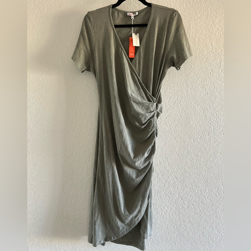 Sundry x Anthropologie Olive Green Ruched Midi Wrap Dress Size 4 NWT
